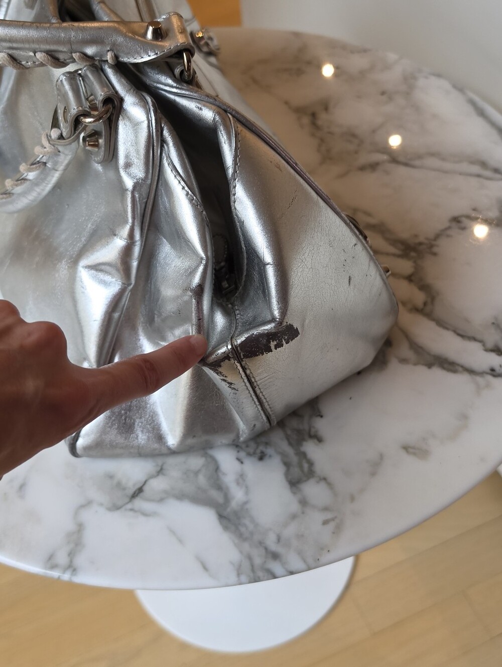Balenciaga 2009 Metallic Silver Bowling PM Bag With Braided Handles Y2K - Picture 8 of 16